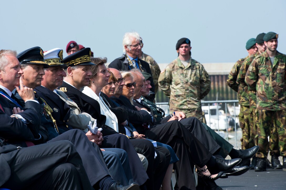 Government officials and service members attend the 47th Royal Marine Commando Monument Ceremony on the 72nd anniversary of D-Day in Port En Bessin, France, June 6, 2016. Navy photo by Petty Officer 1st Class Sean Spratt