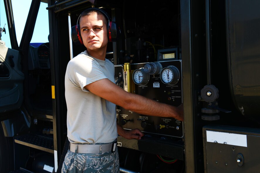 U.S. Air Force Staff Sgt. Jason Gill, 20th Logistics Readiness Squadron distribution supervisor, adjusts the gas pressure on an R-11 mobile refueling unit at Shaw Air Force Base, S.C., June 2, 2016. Every month the 20th LRS’s petroleum, oil and lubricants shop distributes approximately 900,000 gallons of fuel to aircraft, vehicles and equipment. (U.S. Air Force photo by Airman 1st Class Destinee Dougherty)