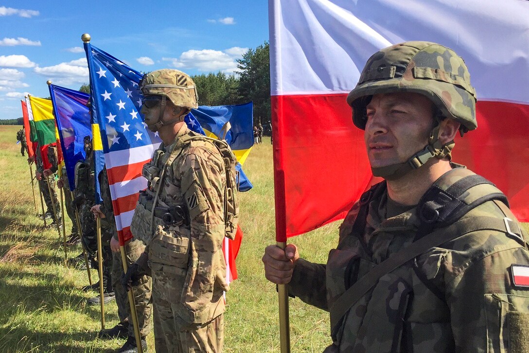Soldiers representing eight nations display their national colors during an opening ceremony for Exercise Anakonda 2016 at the Drawsko Pomorskie Training Area, Poland, June 6, 2016. The Polish-led, multinational exercise runs from June 7-17, and involves about 31,000 participants from more than 20 nations. Army photo by Timothy L. Hale