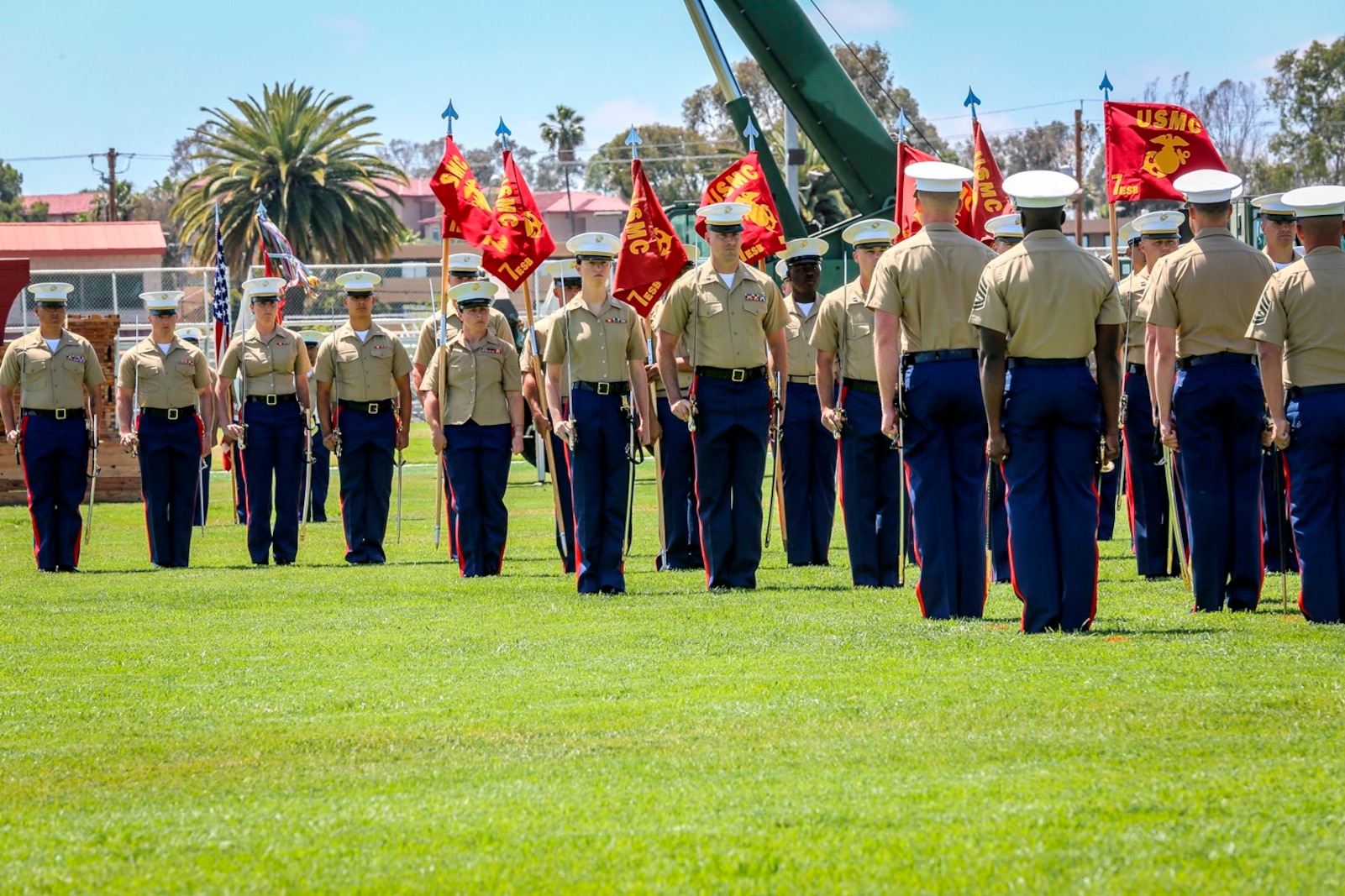 U.S. Marines with the 1st Marine Logistics Group gather for a change of command ceremony in recognition of the 7th Engineer Support Battalion (ESB). The change of command for 7th ESB, May 26th 2016, Camp Pendleton, Calif., represents a military tradition that represents the transfer of authority and responsibility of a unit from one commanding officer to another. (U.S. Marine Corps photo by LCpl. Salmineo Sherman Jr. 1st MLG Combat Camera/released)