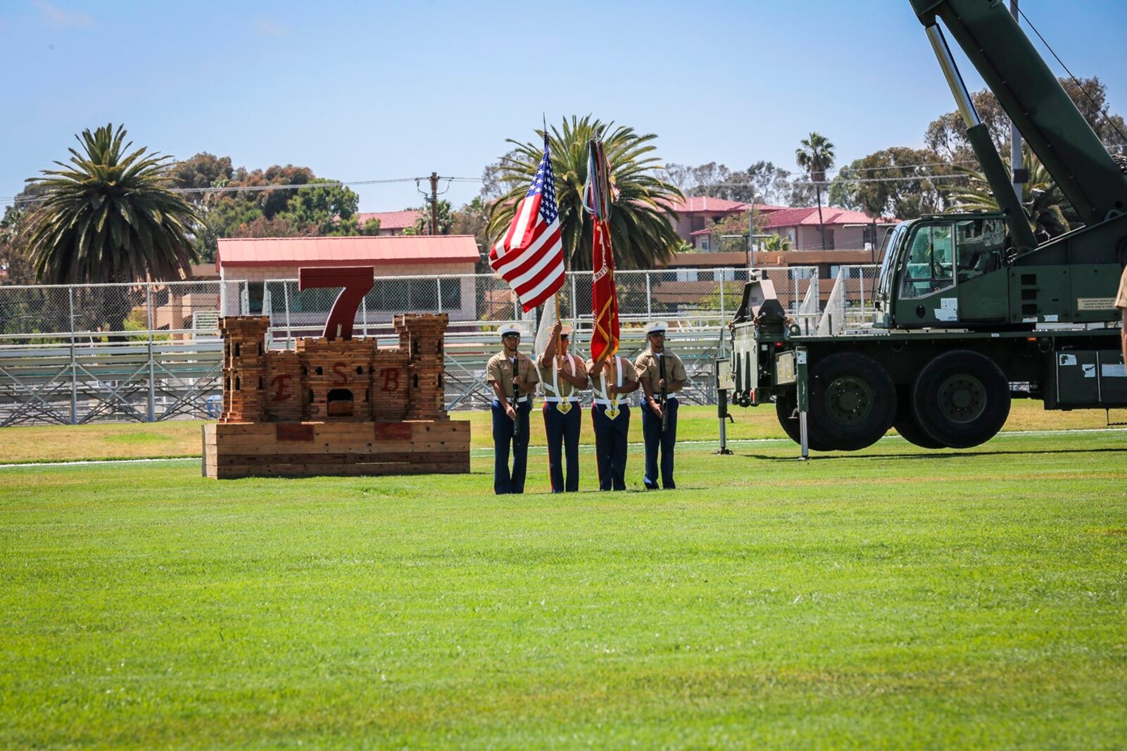 U.S. Marines with the 1st Marine Logistics Group gather for a change of command ceremony in recognition of the 7th Engineer Support Battalion (ESB). The change of command for 7th ESB, May 26th 2016, Camp Pendleton, Calif., represents a military tradition that represents the transfer of authority and responsibility of a unit from one commanding officer to another. (U.S. Marine Corps photo by LCpl. Salmineo Sherman Jr. 1st MLG Combat Camera/released)