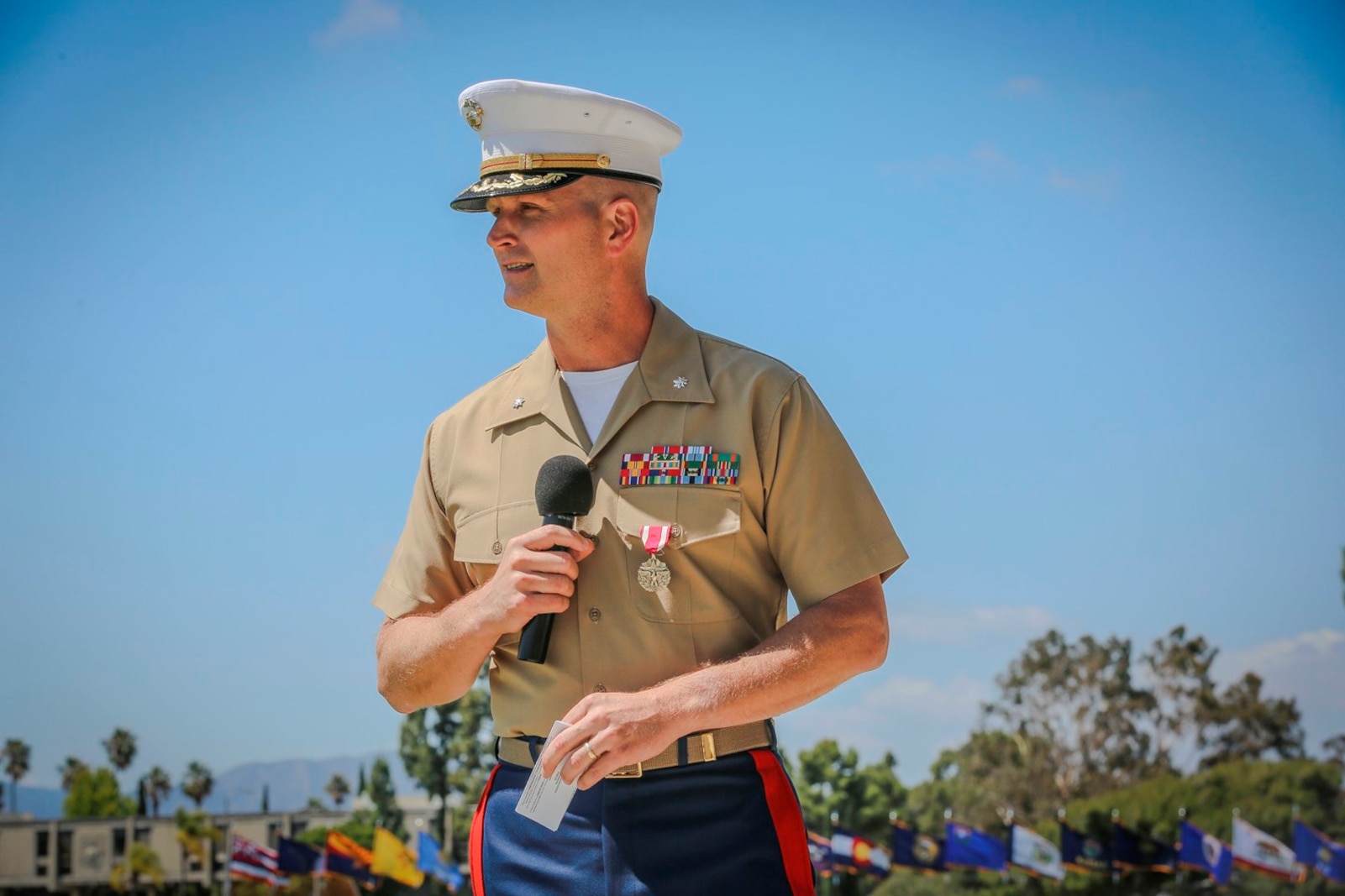 U.S. Marine Corps Lt. Col. Eric. J. Penrod off going commander for 7th Engineer Support Battalion (ESB) 1st Marine Logistics Group speaks about his time with the unit. The change of command for 7th ESB, May 26th 2016, Camp Pendleton, Calif., represents a military tradition that represents the transfer of authority and responsibility of a unit from one commanding officer to another. (U.S. Marine Corps photo by LCpl. Salmineo Sherman Jr. 1st MLG Combat Camera/released)