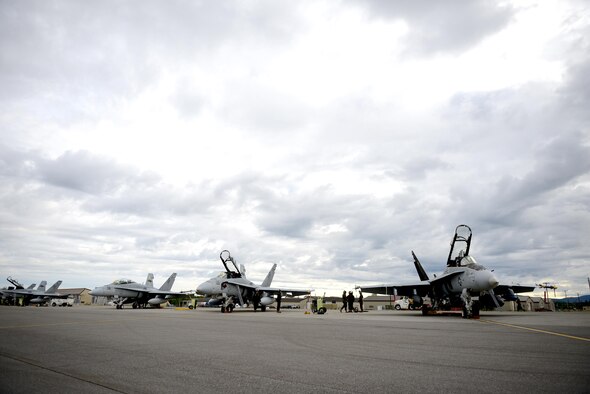 U.S. Marine Corps F-18 Hornet assigned to the Fixed Marine All-Weather Fighter Attack Squadron 242, Marine Corps Air Station Iwakuni, Japan, are prepared for flying operations June 7, 2016, during RED FLAG-Alaska (RF-A) 16-2, at Eielson Air Force Base, Alaska. RF-A enables enables joint and international units to sharpen their combat skills by flying simulated combat sorties in a realistic threat environment. (U.S. Air Force photo by Tech. Sgt. Steven R. Doty)