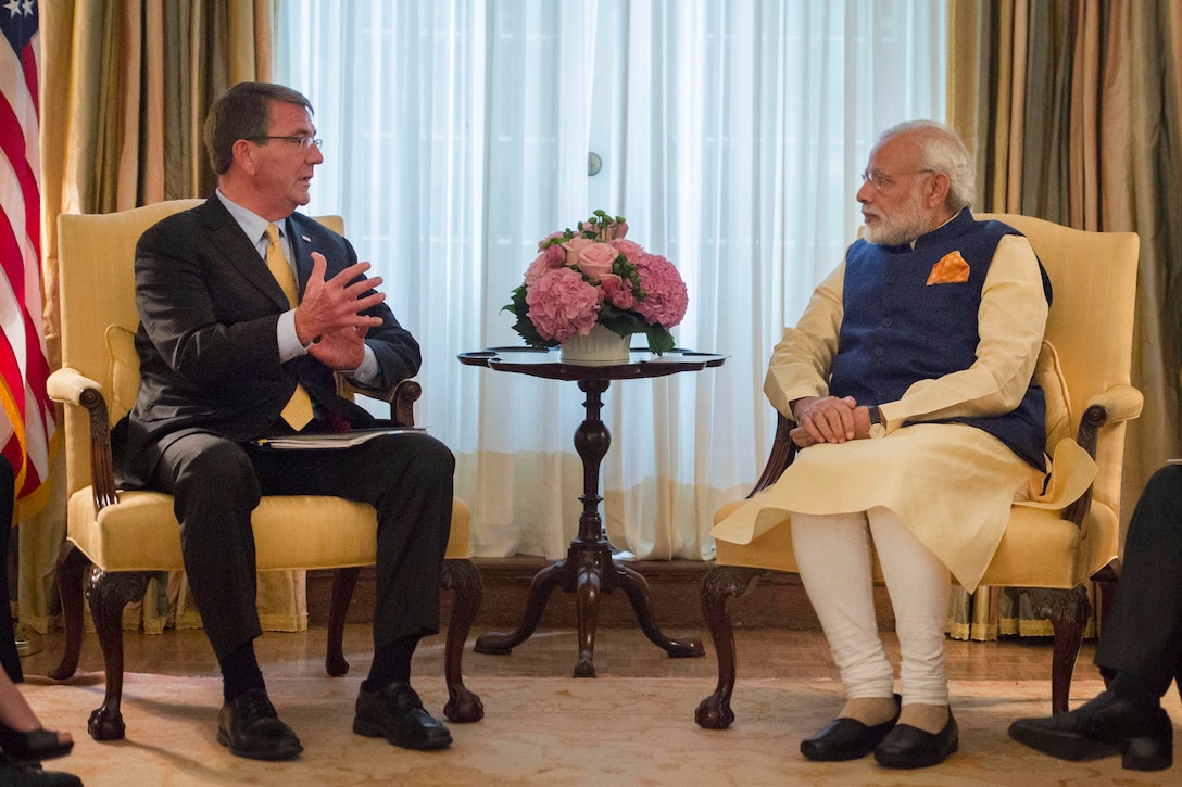 Defense Secretary Ash Carter meets with Indian Prime Minister Narendra Modi at Blair House in Washington D.C., June 7, 2016. The leaders discussed defense matters of mutual importance. DoD photo by Air Force Senior Master Sgt. Adrian Cadiz