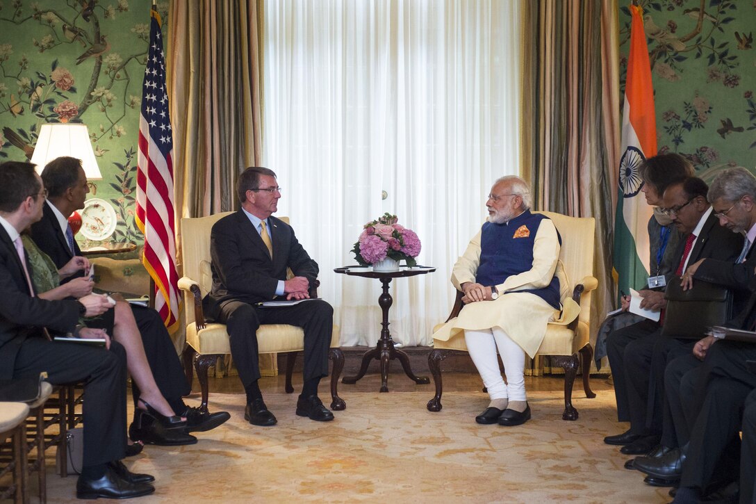 Defense Secretary Ash Carter meets with Indian Prime Minister Narendra Modi at Blair House in Washington D.C., June 7, 2016. The leaders discussed defense matters of mutual importance. DoD photo by Air Force Senior Master Sgt. Adrian Cadiz