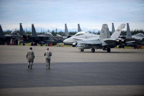 A U.S. Marine Corps F-18 Hornet assigned to Fixed Marine All-Weather Fighter Attack Squadron 242, Marine Corps Air Station Iwakuni, Japan, taxis down the tarmac June 7, 2016, during RED FLAG-Alaska (RF-A) 16-2, at Eielson Air Force Base, Alaska. Eielson serves as a key strategic location for RF-A training and the exercise signifies the United State’s continued commitment to Indo-Asia-Pacific partners. (U.S. Air Force photo by Tech. Sgt. Steven R. Doty)
