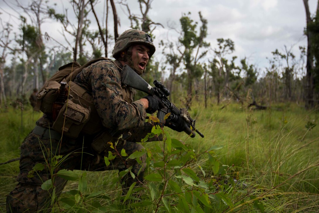 U.S. Marine Corps Lance Cpl. Nick Quets, team leader, conducts platoon live fire at Shoalwater Bay, Queensland, Australia, May 22, 2016. The platoon-level live fire and maneuver was part of Exercise Southern Jackaroo, a combined training opportunity during Marine Rotational Force – Darwin (MRF-D). MRF-D is a six-month deployment of Marines into Darwin, Australia, where they will conduct exercises and train with the Australian Defence Forces, strengthening the U.S.-Australia alliance.