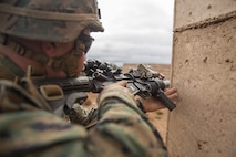 A Marine with Company C, 1st Battalion, 1st Marine Regiment, posts security during Exercise Predator Strike at Cultana Training Area, South Australia, Australia, June 5, 2016. Predator Strike, a yearly exercise taken place in Australia with Marine Rotational Force – Darwin, allows Marines to enhance their skills and train with the Australian Defence Force.