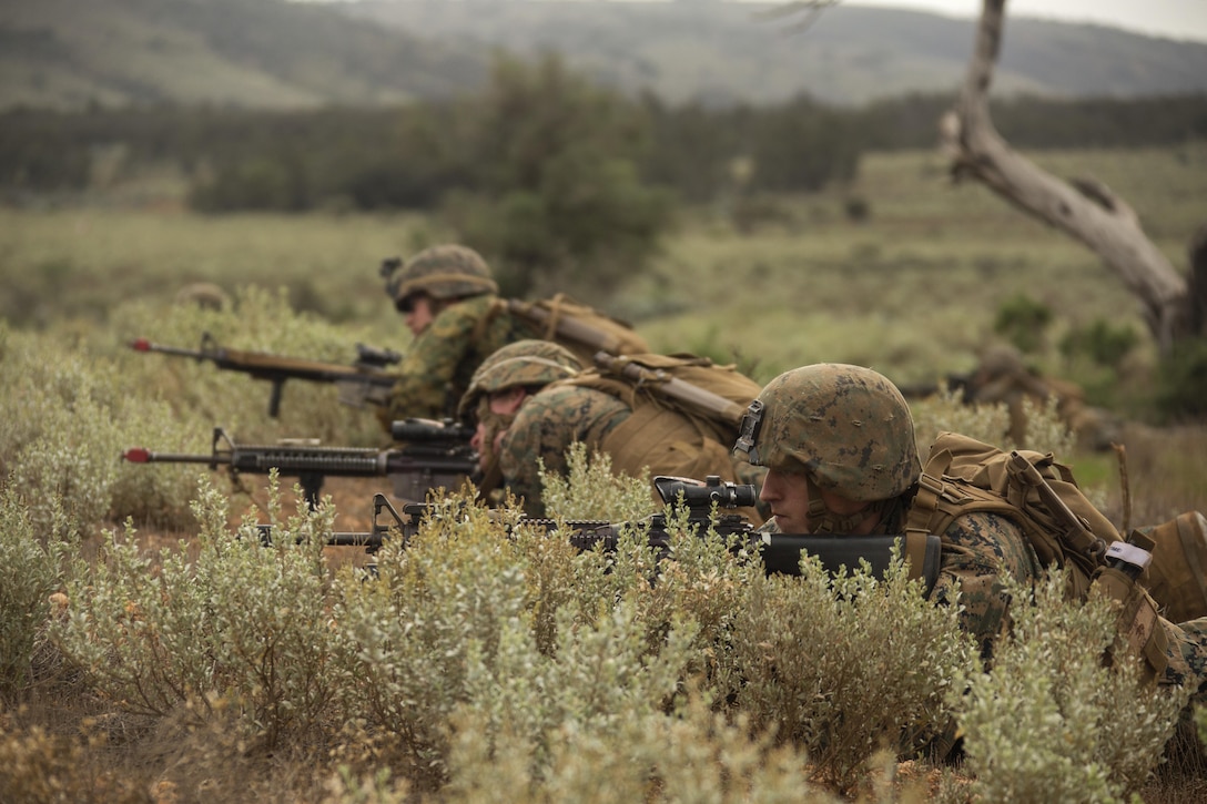 Marines with Company C, 1st Battalion, 1st Marine Regiment, conduct exterior military operations on urban terrain training during Exercise Predator Strike at Cultana Training Area, South Australia, Australia, June 5, 2016. Predator Strike, a yearly exercise taken place in Australia with Marine Rotational Force – Darwin, allows Marines to enhance their skills and train with the Australian Defence Force.