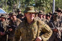 Lt. Col. Jim McGann, Commanding Officer of Battle Group Waratah, 8th Brigade, thanks U.S. Marines, members of the Australian Army, and members of the Japan Ground Self-Defense Force, for their training during Exercise Southern Jackaroo at Shoalwater Bay, Queensland, Australia, May 26, 2016. Exercise Southern Jackaroo allowed combined military services to train together and learn from each other during Marine Rotational Force – Darwin (MRF-D). MRF-D is a six-month deployment of Marines into Darwin, Australia, where they will conduct exercises and train with the Australian Defence Forces, strengthening the U.S.-Australia alliance. The Marines are with 1st Battalion, 1st Marine Regiment, MRF-D. The Australians soldiers are with Battle Group Waratah, 8th Brigade.
