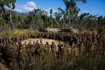 Lt. Col. Jim McGann, Commanding Officer of Battle Group Waratah, 8th Brigade, thanks U.S. Marines, members of the Australian Army, and members of the Japan Ground Self-Defense Force, for their training during Exercise Southern Jackaroo at Shoalwater Bay, Queensland, Australia, May 26, 2016. Exercise Southern Jackaroo allowed combined military services to train together and learn from each other during Marine Rotational Force – Darwin (MRF-D). MRF-D is a six-month deployment of Marines into Darwin, Australia, where they will conduct exercises and train with the Australian Defence Forces, strengthening the U.S.-Australia alliance. The Marines are with 1st Battalion, 1st Marine Regiment, MRF-D. The Australians soldiers are with Battle Group Waratah, 8th Brigade. 
