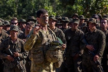 Brigadier General Tony Rawlins, Commanding Officer of 7th Combat Brigade, thanks U.S. Marines, members of the Australian Army, and members of the Japan Ground Self-Defense Force, for their training during Exercise Southern Jackaroo at Shoalwater Bay, Queensland, Australia, May 26, 2016. Exercise Southern Jackaroo allowed combined military services to train together and learn from each other during Marine Rotational Force – Darwin (MRF-D). MRF-D is a six-month deployment of Marines into Darwin, Australia, where they will conduct exercises and train with the Australian Defence Forces, strengthening the U.S.-Australia alliance. The Marines are with 1st Battalion, 1st Marine Regiment and the Australians are with Battle Group Waratah, 8th Brigade.