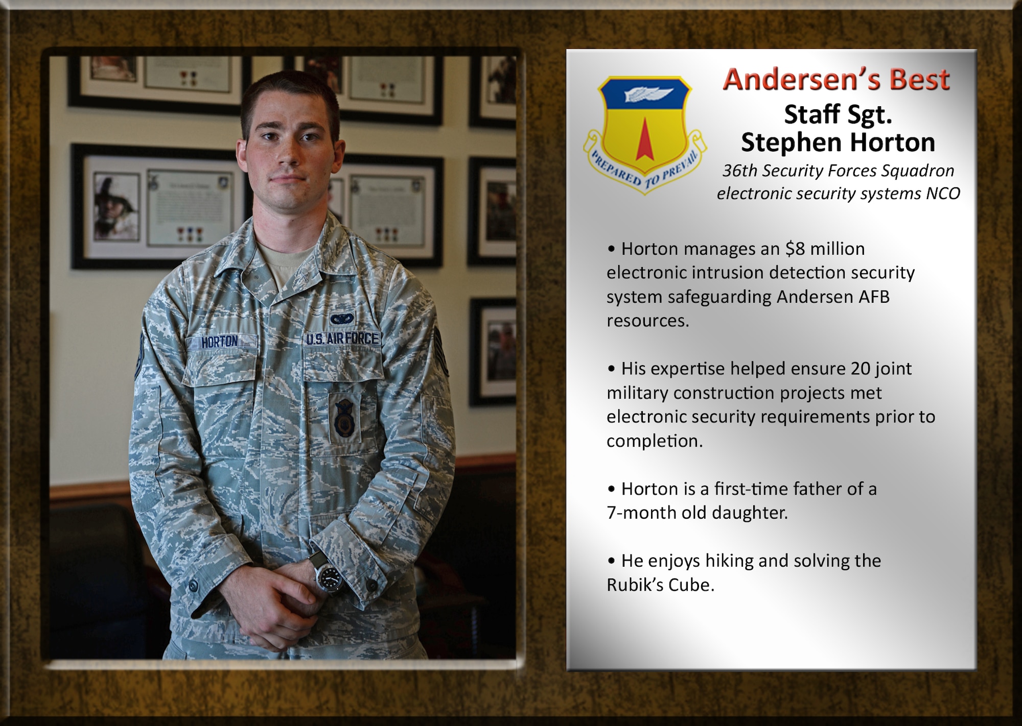 Team Andersen's Best recognizes Airmen and civilian professionals for outstanding contributions to mission and team success. As spotlight performers, individuals are chosen by base leaders for demonstrating the Air Force's core values of integrity first, service before self, and excellence in all we do.