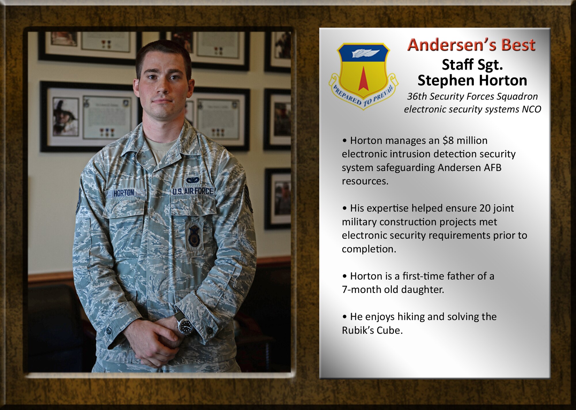 Team Andersen's Best recognizes Airmen and civilian professionals for outstanding contributions to mission and team success. As spotlight performers, individuals are chosen by base leaders for demonstrating the Air Force's core values of integrity first, service before self, and excellence in all we do.