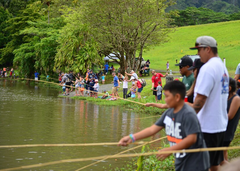 More than 150 Airmen and their children from Joint Base Pearl Harbor-Hickam attended the 17th Annual Friends of Hickam Keiki Fishing Tournament at the Ho`omaluhia Botanical Gardens in Kaneohe, Hawaii, June 2, 2016. The Friends of Hickam is a non-profit organization composed of civic and business leaders in the local community who are interested in showing support for the Air Force in Hawaii. (U.S. Air Force photo by Tech. Sgt. Aaron Oelrich/Released)