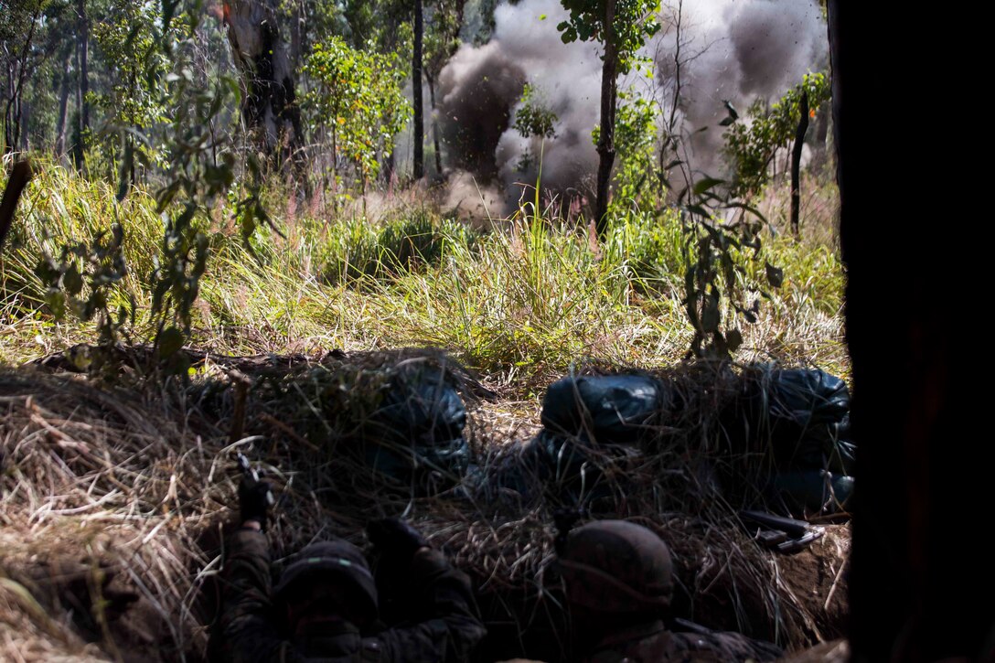 U.S. Marines with 1st Battalion, 1st Marine Regiment, detonate an M18 Claymore mine during a simulated attack at Shoalwater Bay, Queensland, Australia, May 29, 2016. The simulated attack, part of Exercise Southern Jackaroo, increased proficiency in defensive actions against an oncoming enemy force during Marine Rotational Force – Darwin (MRF-D). MRF-D is a six-month deployment of Marines into Darwin, Australia, where they will conduct exercises and train with the Australian Defence Forces, strengthening the U.S.-Australia alliance.