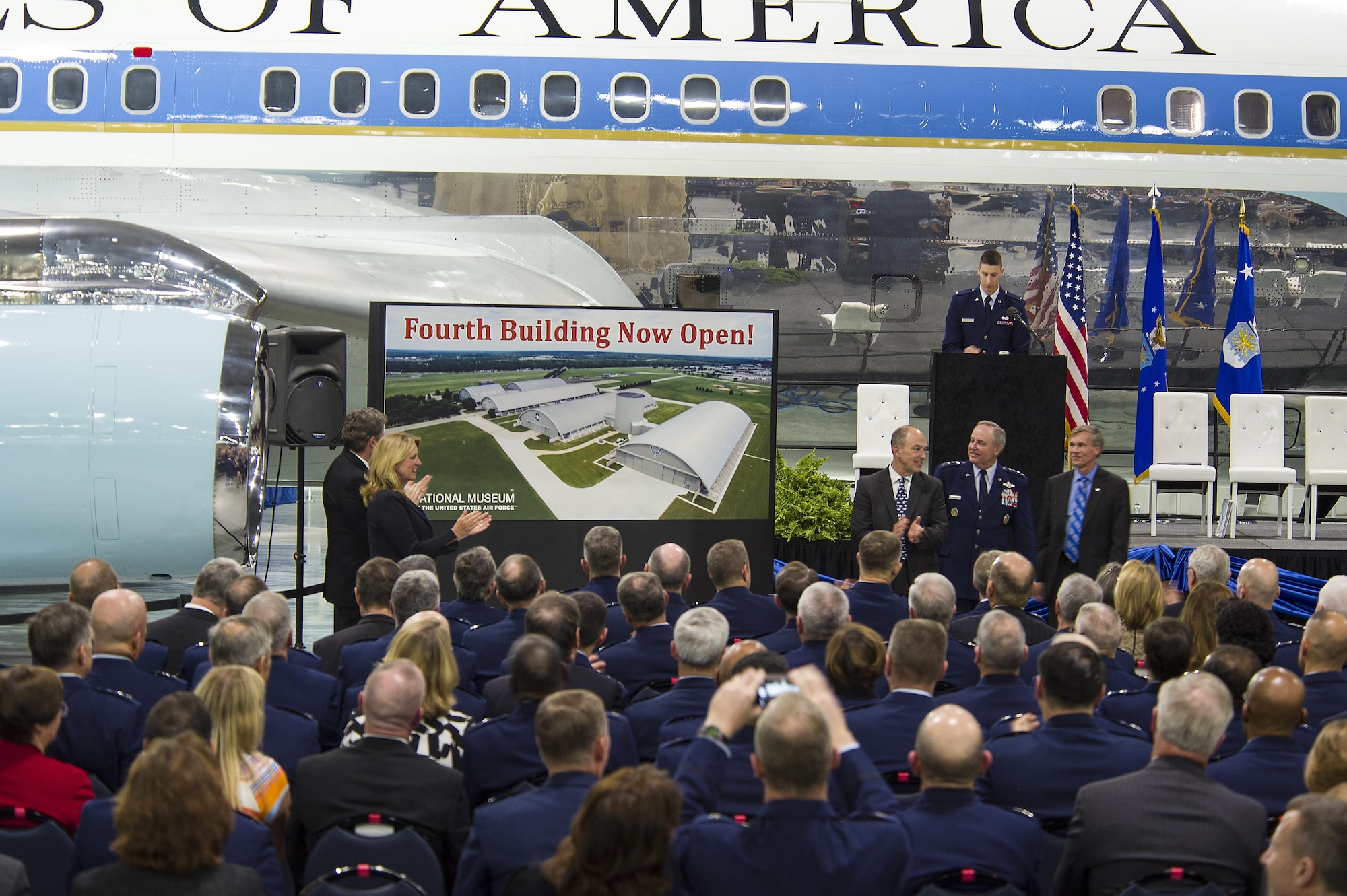DAYTON, Ohio -- The fourth building grand opening ceremony for the new 224,000 square foot building was held on June 7, 2016 at the National Museum of the U.S. Air Force. (From left to right) Congressman Mike Turner, Secretary of the Air Force Deborah Lee James, Air Force Museum Foundation, Inc. Chairman, Board of Trustees, Philip L. Soucy, Chief of Staff of the U.S. Air Force Gen. Mark A. Welsh III, and the Director of the National Museum of the U.S. Air Force, Lt. Gen.(Ret.) Jack Hudson. (U.S Air Force photo by Ken LaRock)