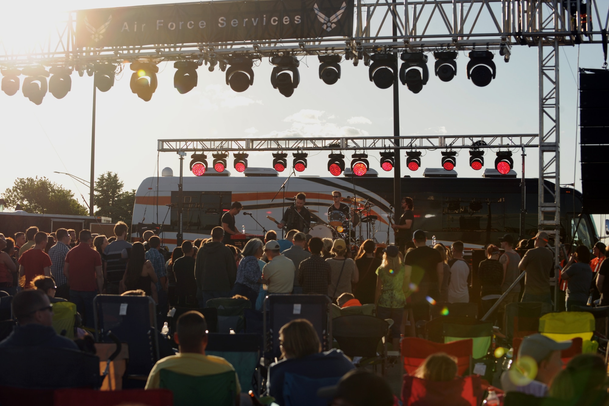 Airmen and their families gather outside the Dakota’s Club for a free David Cook concert at Ellsworth Air Force Base, S.D., June 3, 2016. Cook performed many of his hit songs, including “Light On,” “Broken Windows” and “Criminals.” (U.S. Air Force photo by Airman 1st Class Denise M. Nevins/Released)