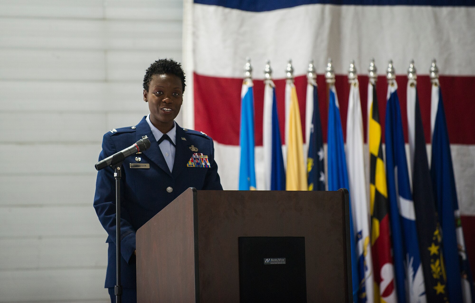 Col. Angenene Robertson speaks during the 5th Mission Support Group assumption of command ceremony at Minot Air Force Base, N.D., June 7, 2016. Robertson assumed command of the 5th MSG from Col. Roy Collins. (U.S. Air Force photo/Senior Airman Apryl Hall)