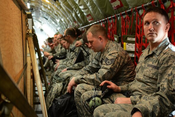 Airmen from the 115th Fighter Wing sit in a KC-135 Stratotanker prior to departure from Dane County Regional Airport, Madison, Wis., May 6, 2016. The 115 FW travelled to Tyndall Air Force Base, Fla., for a training exercise called Combat Archer which allowed pilots, maintainers and operations Airmen an opportunity to train with live missiles. (U.S. Air National Guard Photo by Senior Airman Kyle Russell)