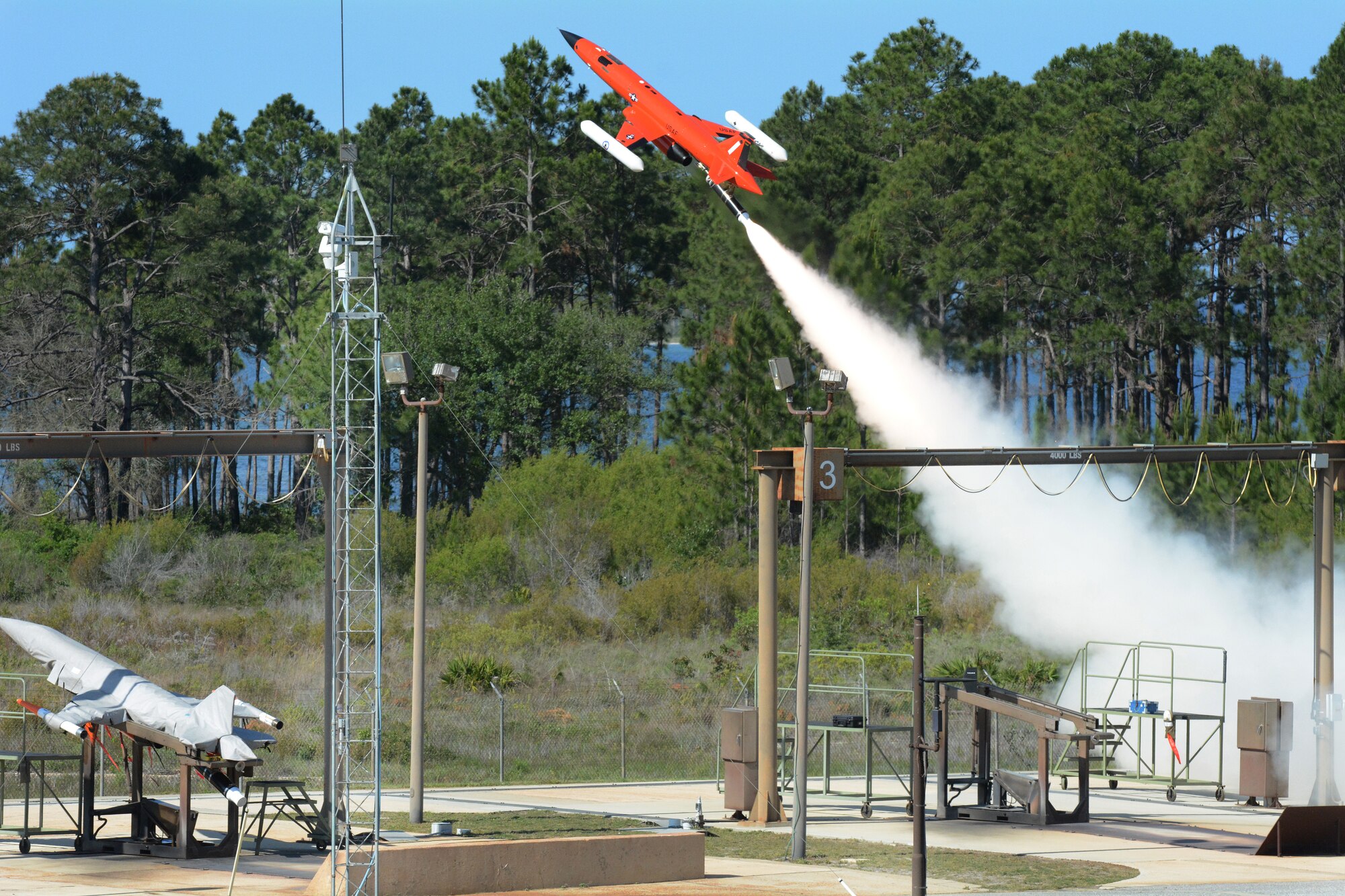 An unmanned drone takes off during a training exercise to be shot down by 115th Fighter Wing pilots with live missiles at Tyndall Air force Base, Fla., May 11, 2016. The 115 FW travelled to Tyndall AFB for a training exercise called Combat Archer which allowed pilots, maintainers and operations Airmen an opportunity to train with live missiles. (U.S. Air National Guard Photo by Senior Airman Kyle Russell)