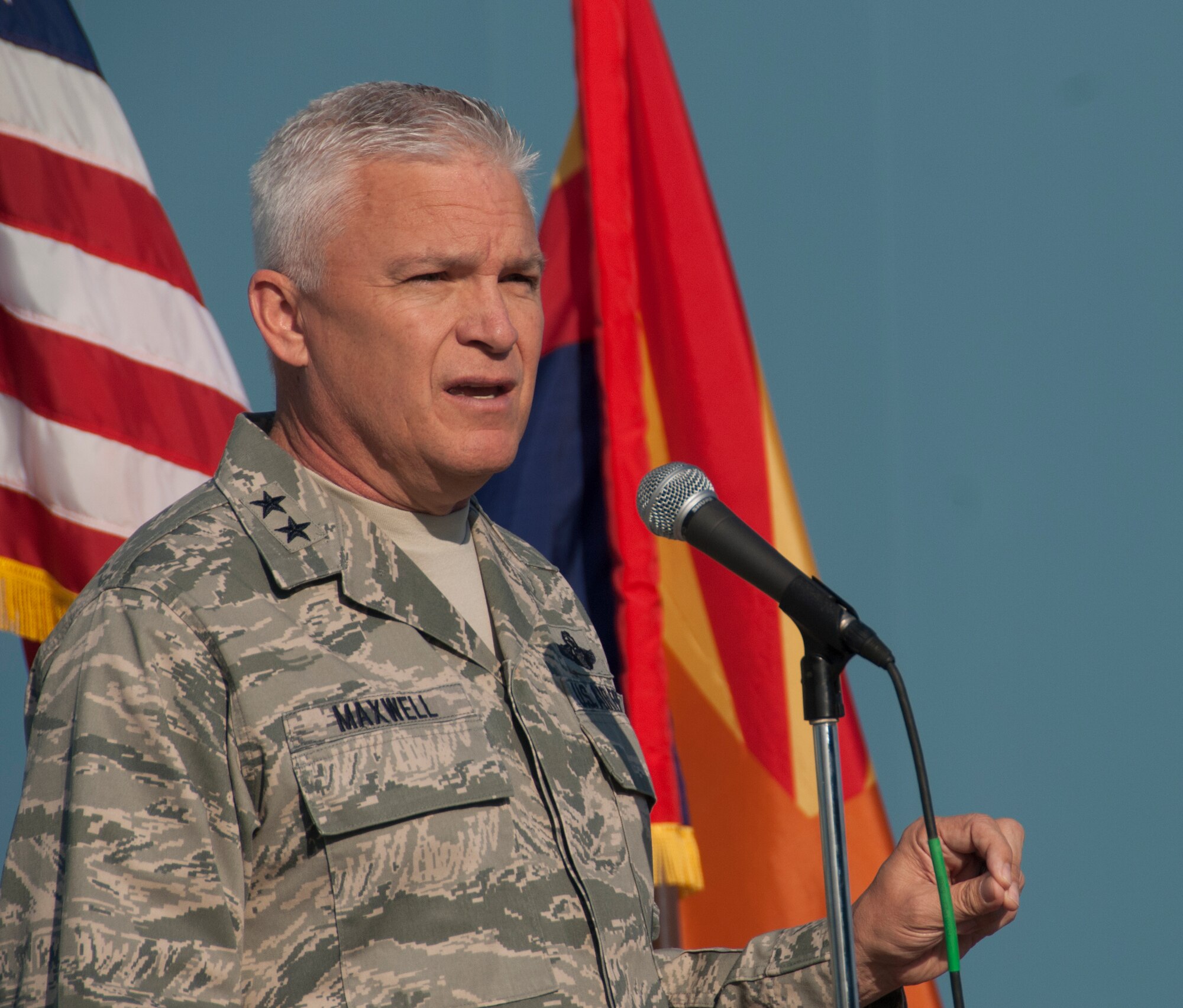 Maj. Gen. Edward Maxwell, Arizona Air National Guard commander, delivers remarks to the 162nd Wing during the annual awards ceremony at the Tucson International Airport June 5, 2016. Thank you for being part of the team, thank you for serving, thank you for being part of the premiere wing in the Air National Guard, said Maxwell. The ceremony included individual and team awards from the Wing, community, major command and Air National Guard. (U.S. Air National Guard photo by Staff Sgt. Greg Ferreira)