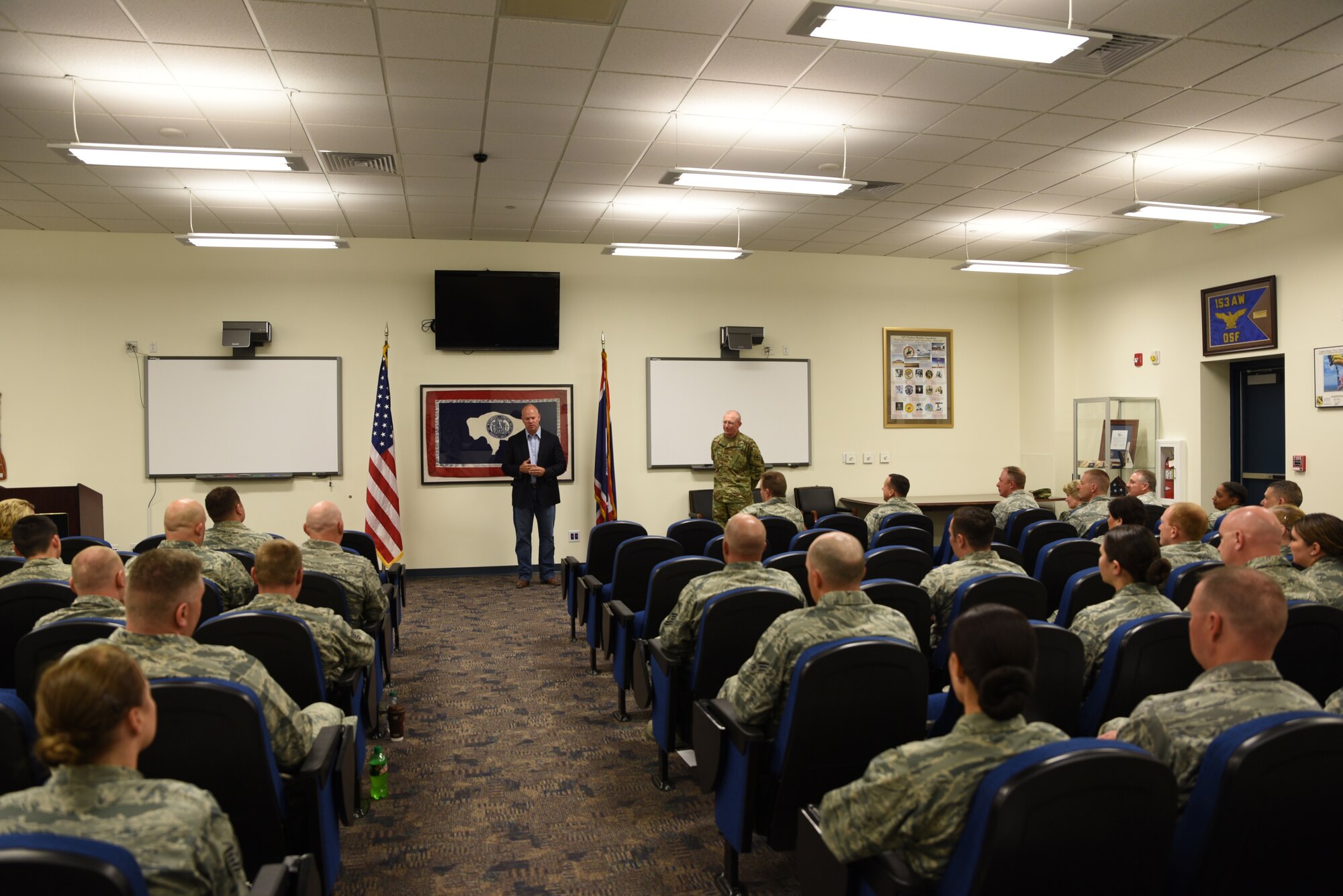 Gov. Matt Mead, Wyoming governor, speaks to deploying airmen from the 153rd Airlift Wing, Wyoming Air National Guard June 5, 2016, at Cheyenne Air National Guard Base in Cheyenne, Wyoming. Mead used this opportunity as a chance to let those airmen know their sacrifices are appreciated by the state of Wyoming and its citizens. (U.S. Air National Guard photo by Senior Airman Nichole Grady).