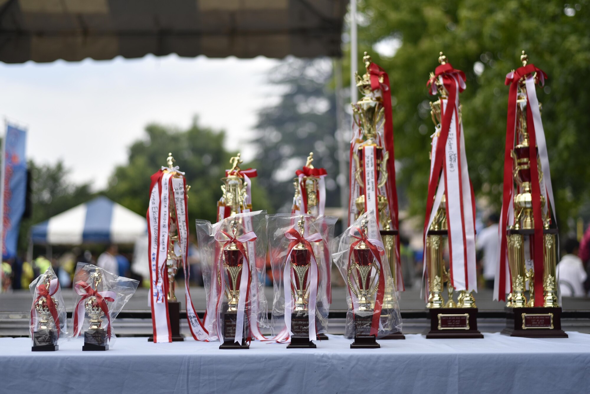 Trophies sit on a table during the 2016 Ekiden Run at Yokota Air Base, Japan, June 5, 2016. This year marked the 32nd year the Ekiden Run was held. (U.S. Air Force photo by Staff Sgt. Michael Washburn/Released)