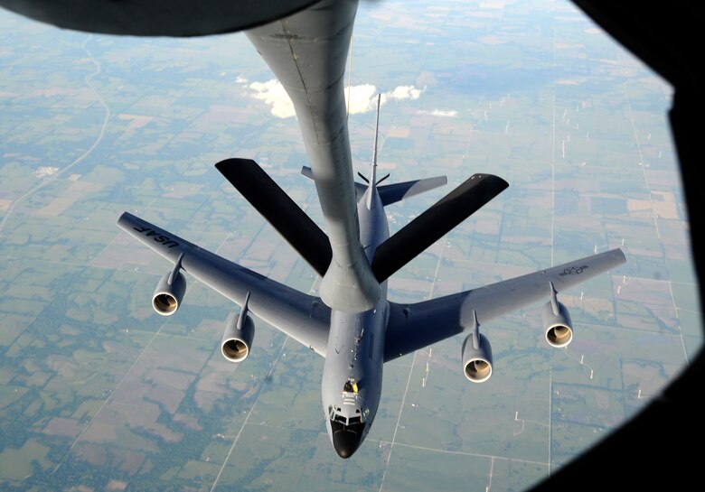 A KC-135 Stratotanker detaches from a KC-135 boom after receiving fuel, June 3, 2016, over Kansas. Not only can certain KC-135s take on fuel, but they provide refueling support to Department of Defense and allied aircraft thereby increasing their reach. (U.S. Air Force photo/Staff Sgt. Rachel Waller)
