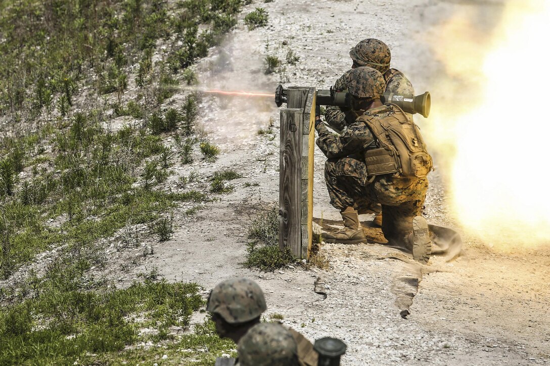 A Marine sends a round down range from an AT-4 rocket launcher during live-fire training at Marine Corps Base, Camp Lejeune, N.C. June 3, 2016. The Marine is assigned to Bravo Company, 2nd Law Enforcement Battalion. The unit's Marines took the training to broaden their mission capabilities and prepare for real world scenarios. Marine Corps photo by Cpl. Dalton Precht