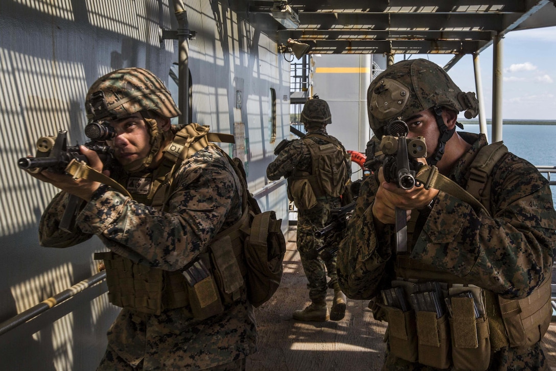 Marines with Task Force Koa Moana 16, secure ladder wells onboard USNS Sacagawea in the Pacific Ocean, June 2, 2016. The Marines are assigned to Task Force Koa Manoa 16, which is serving to further strengthen alliances around the Asia-Pacific region as well as highlight the effectiveness of a maritime prepositioning force. Marine Corps photo by Lance Cpl. Jesus McCloud