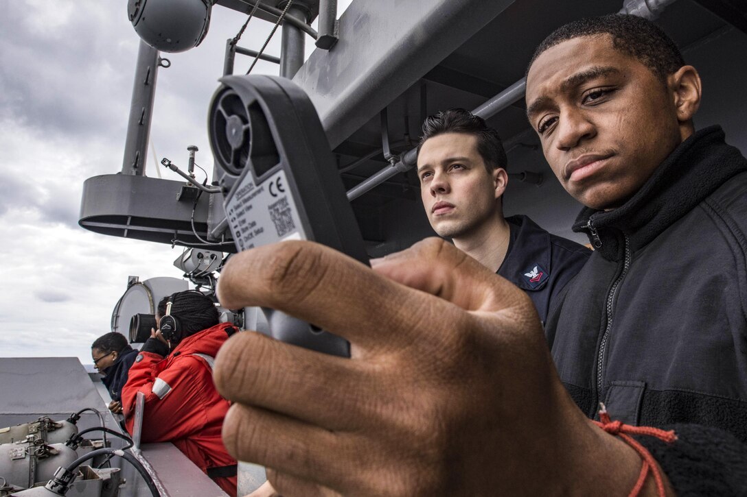Navy Seaman Terrell Grantwaters measures wind speed aboard the USS Dwight D. Eisenhower in the Atlantic Ocean, June 6, 2016. The aircraft carrier is supporting maritime security operations and theater security cooperation efforts in the U.S. 5th and 6th Fleet areas of responsibility. Grantwaters is an aerographer's mate airman. Navy photo by Petty Officer 3rd Class Anderson W. Branch