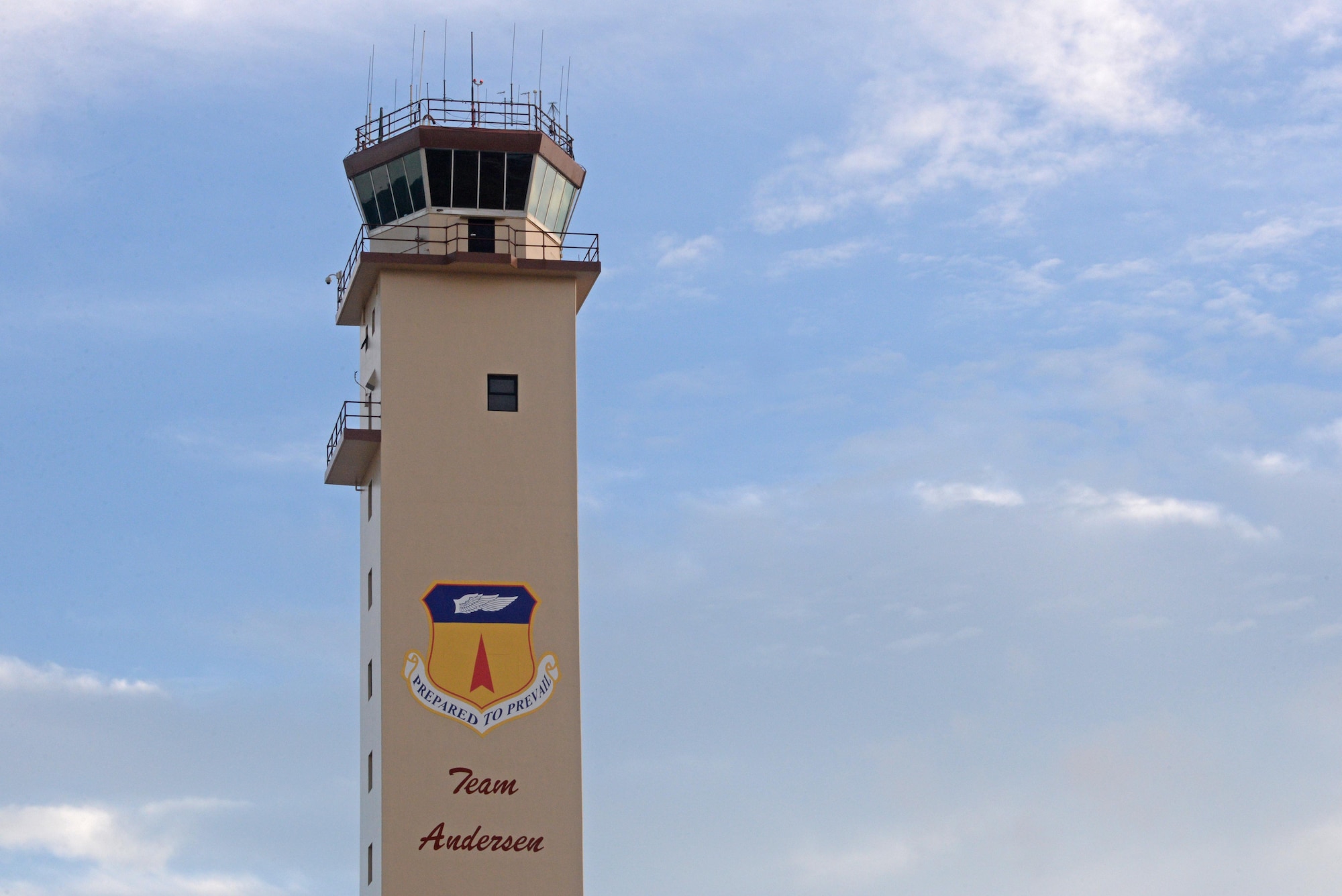 Andersen Air Force Base’s tower provides a 360 degree view of surrounding airspace. Air traffic controllers are responsible for managing the flow of aircraft through all aspects of their flight and ensuring the safety and efficiency of air traffic on the ground and in the air. (U.S. Air Force photo by Airman 1st Class Jacob Skovo)