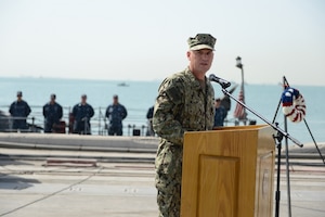 160605-N-XP344-030 MANAMA, Bahrain (June 5, 2016) Rear Adm. Eugene Black, deputy commander, U.S. Naval Forces Central Command and U.S. 5th Fleet, speaks to Sailors at a Battle of Midway commemoration ceremony held at U.S. Naval Support Activity, Bahrain in front of the coastal patrol ship USS Monsoon (PC 4). The ceremony commemorated the Sailors and Marines lost during the Battle of Midway. 