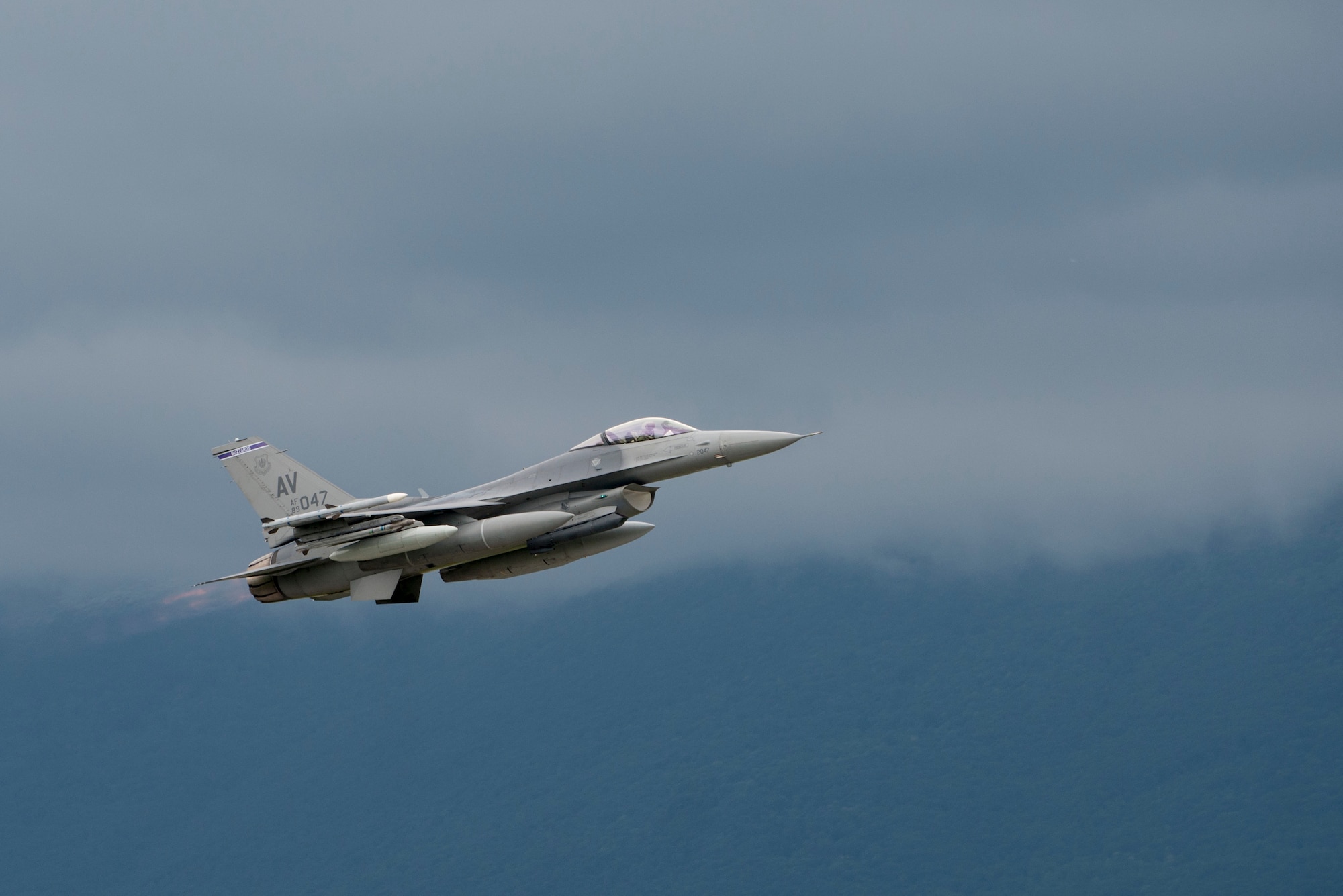 A 510th Fighter Squadron F-16 Fighting Falcon departs from the 31st Fighter Wing, Aviano Air Base, Italy, for Lask Air Base, Poland, June 1, 2016, to participate in Aviation Detachment 16-3, a rotation of quarterly flying missions in support of Operation Atlantic Resolve. During this deployment 14 F-16 Fighting Falcons from the 31st FW, Aviano Air Base, Italy, six F-16s from the 138 FW, Tulsa Air National Guard, Okla., and support personnel will conduct bilateral training with Poland air forces to bolster interoperability between nations. (U.S. Air Force photo/Senior Airman Krystal Ardrey)