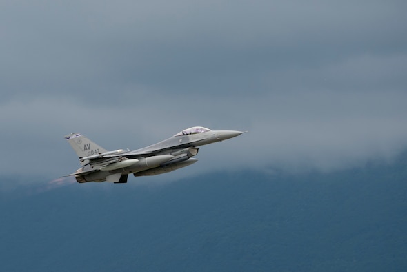 A 510th Fighter Squadron F-16 Fighting Falcon departs from the 31st Fighter Wing, Aviano Air Base, Italy, for Lask Air Base, Poland, June 1, 2016, to participate in Aviation Detachment 16-3, a rotation of quarterly flying missions in support of Operation Atlantic Resolve. During this deployment 14 F-16 Fighting Falcons from the 31st FW, Aviano Air Base, Italy, six F-16s from the 138 FW, Tulsa Air National Guard, Okla., and support personnel will conduct bilateral training with Poland air forces to bolster interoperability between nations. (U.S. Air Force photo/Senior Airman Krystal Ardrey)