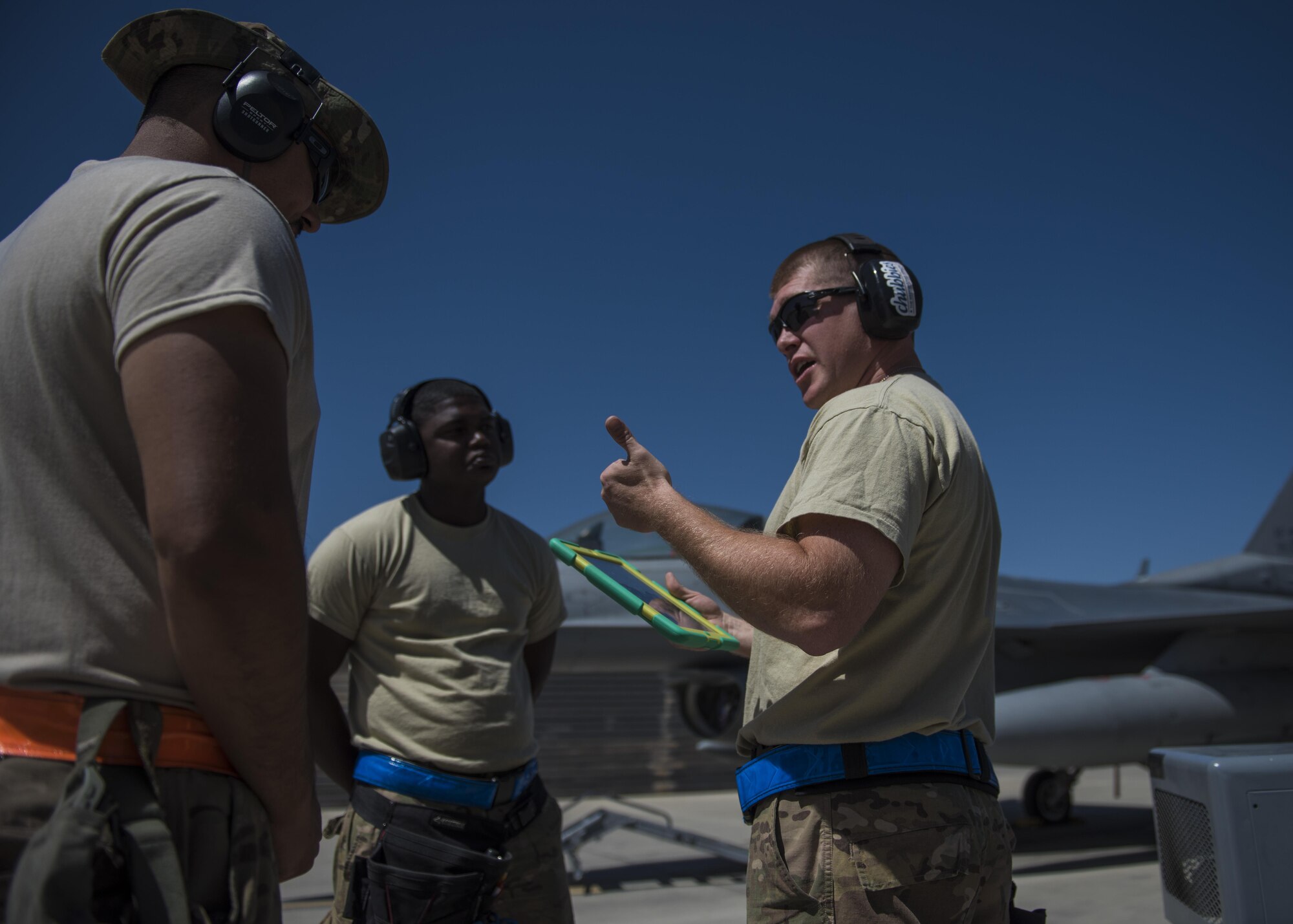 Technical Sgt. Joseph McCullough, 455th Expeditionary Aircraft Maintenance Squadron weapons maintainer, gives a weapons pre-brief at Bagram Airfield, Afghanistan, June 07, 2016. The 455th EAMXS weapons flight load the F-16s with both offensive and defensive explosive devices to support various air tasking orders. (U.S. Air Force photo by Senior Airman Justyn M. Freeman)

