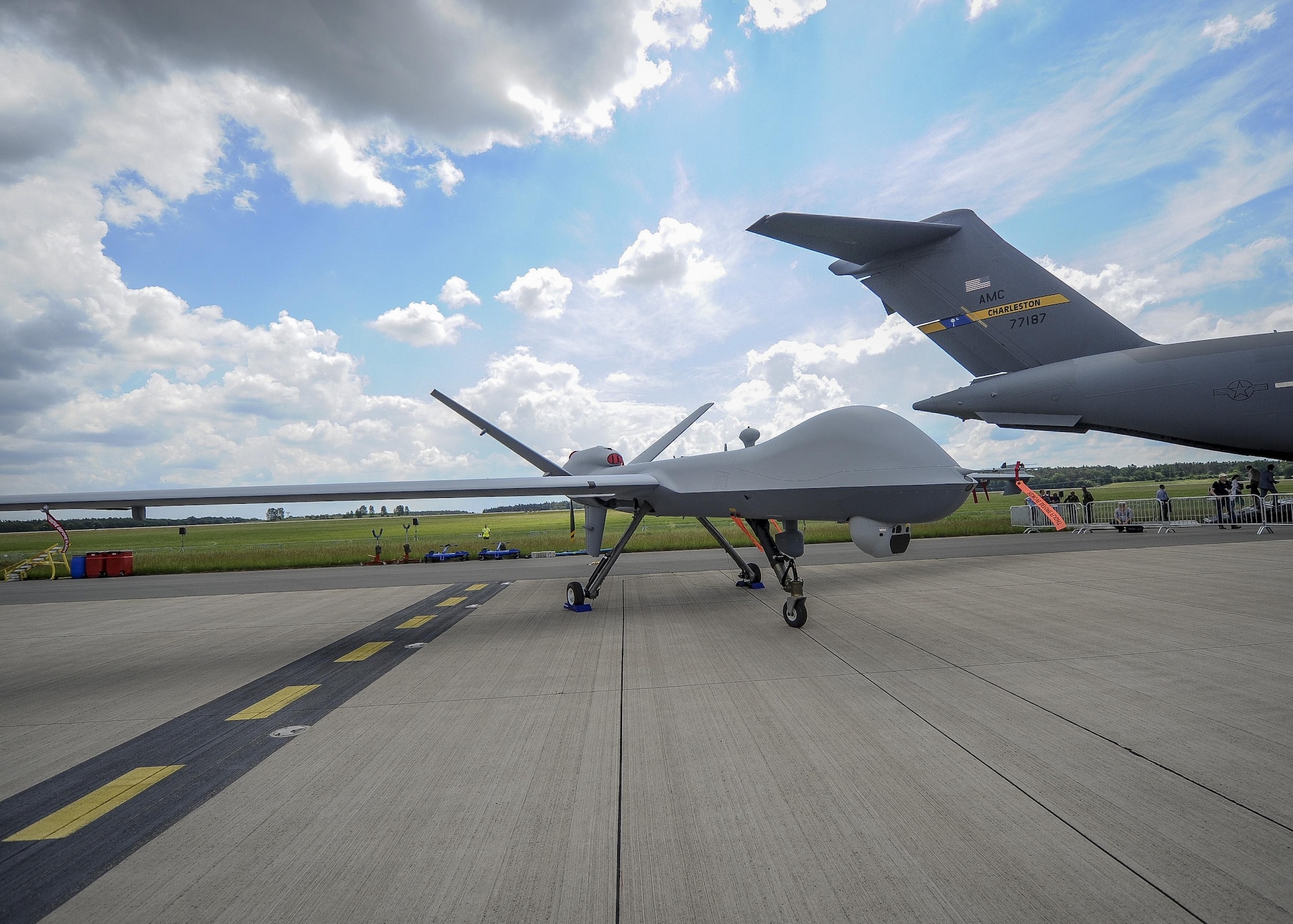 An MQ-9 Reaper made a rare public appearance during the 2016 Berlin Air Show June 1-4, 2016 in Berlin, Germany, after being transported to the show by Airmen from the 315th Airlift Wing from Joint Base Charleston, South Carolina. The MQ-9 Predator B/Reaper is a medium altitude, long durance unmanned air vehicle. (U.S. Air Force photo by Senior Airman Tom Brading)
