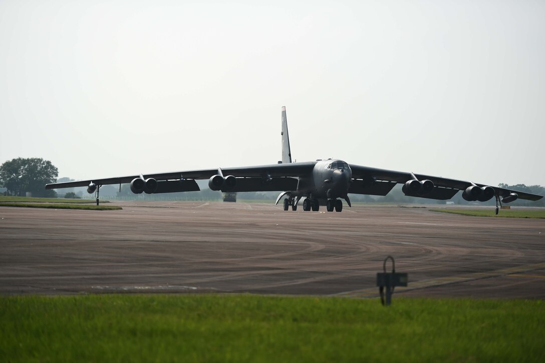 A B-52H Stratofortress from Minot Air Force Base, N.D., taxis in to park at RAF Fairford, United Kingdom, June 7, 2016, after flying a training sortie in support of exercise BALTOPS 16. BALTOPS is an ongoing cooperative training effort that has participants from approximately 17 different nations throughout the region. It allows the participants to demonstrate their own unique roles in contributing to regional and global stability and to train for deployments in support of multinational contingency operations around the world. (U.S. Air Force photo by Airman 1st Class Zachary Bumpus)
