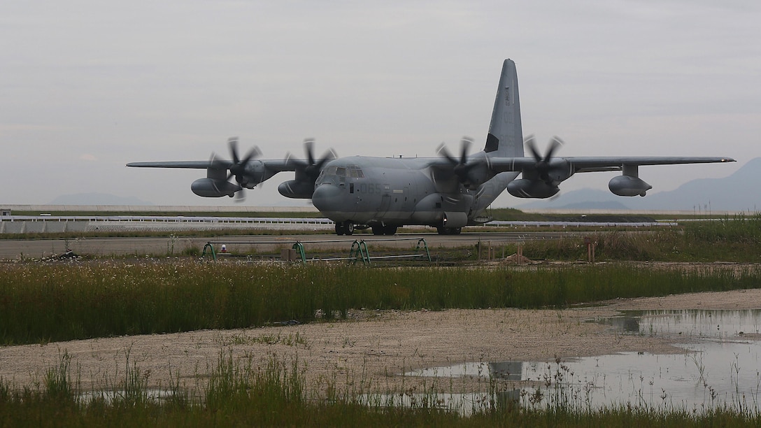 A KC-130J Super Hercules moves down taxiway Charlie at Marine Corps Air Station Iwakuni, Japan, after providing a combat off-load of pallets suspected of radiological contamination during exercise Habu Sentinel 16, June 6, 2016. Marine Aerial Refueler Transport Squadron 152, stationed at MCAS Iwakuni, assisted in this scenario for the exercise so U.S. Marines from 3rd Marine Division, Chemical, Biological, Radiological and Nuclear defense platoon, Headquarters Battalion, III Marine Expeditionary Force, could appropriately respond to the situation and practice reacting to possible real-world operations. As the annual capstone exercise for the division’s response element, this event encompasses multiple objectives specific to CBRN response and validates unit standard operating procedures in an unfamiliar training environment.