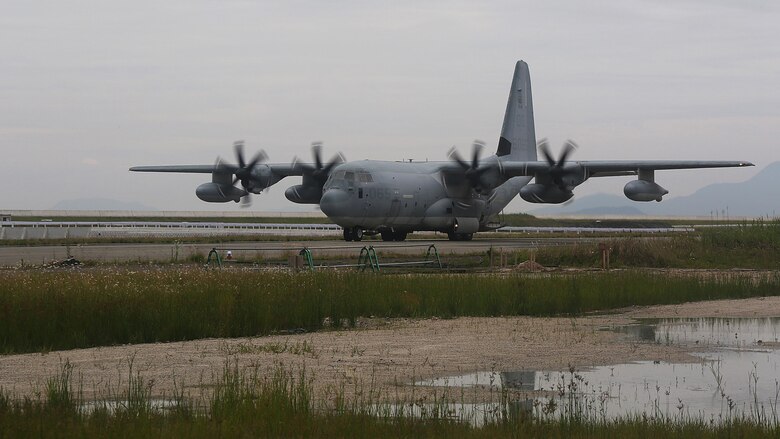 A KC-130J Super Hercules moves down taxiway Charlie at Marine Corps Air Station Iwakuni, Japan, after providing a combat off-load of pallets suspected of radiological contamination during exercise Habu Sentinel 16, June 6, 2016. Marine Aerial Refueler Transport Squadron 152, stationed at MCAS Iwakuni, assisted in this scenario for the exercise so U.S. Marines from 3rd Marine Division, Chemical, Biological, Radiological and Nuclear defense platoon, Headquarters Battalion, III Marine Expeditionary Force, could appropriately respond to the situation and practice reacting to possible real-world operations. As the annual capstone exercise for the division’s response element, this event encompasses multiple objectives specific to CBRN response and validates unit standard operating procedures in an unfamiliar training environment.