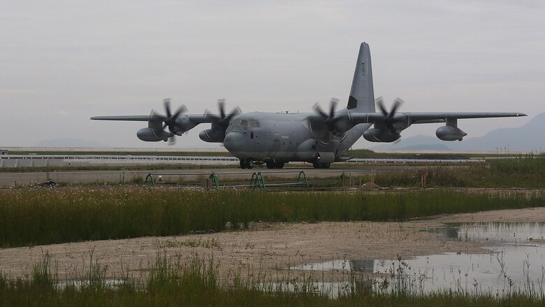 A KC-130J Super Hercules moves down taxiway Charlie at Marine Corps Air Station Iwakuni, Japan, after providing a combat off-load of pallets suspected of radiological contamination during exercise Habu Sentinel 16, June 6, 2016. Marine Aerial Refueler Transport Squadron 152, stationed at MCAS Iwakuni, assisted in this scenario for the exercise so U.S. Marines from 3rd Marine Division, Chemical, Biological, Radiological and Nuclear defense platoon, Headquarters Battalion, III Marine Expeditionary Force, could appropriately respond to the situation and practice reacting to possible real-world operations. As the annual capstone exercise for the division’s response element, this event encompasses multiple objectives specific to CBRN response and validates unit standard operating procedures in an unfamiliar training environment.