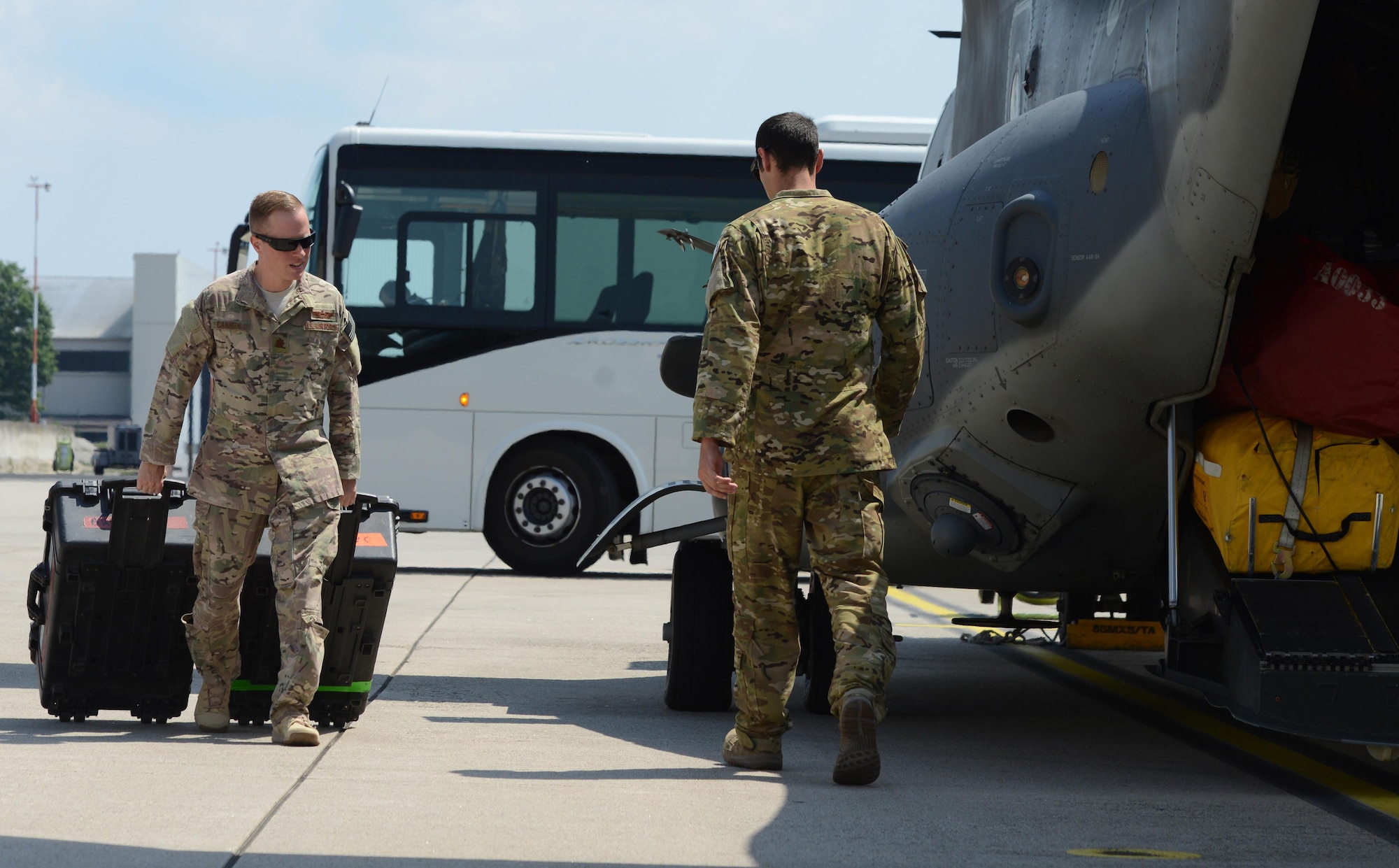 Maj. Seth Cannon, 352nd Special Operations Wing deputy of wing plans at Royal Air Force Mildenhall, England, loads a CV-22 Osprey at Ramstein Air Base, Germany, June 6, 2016. Cannon, along with Airmen from 7th Special Operations Squadron, were on their way back to Mildenhall after supporting U.S. security operations during a deployment. (U.S. Air Force Photo/ Airman 1st Class Joshua Magbanua)