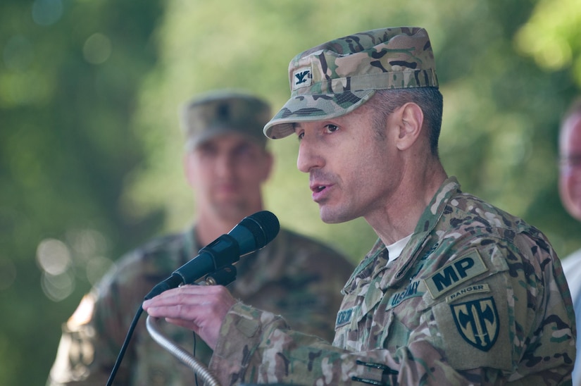 Col. Arturo Horton, commander of the 18th Military Police Brigade from Wiesbaden, Germany, speaks to the soldiers of the seven allied nations participating in Exercise Anakonda 2016.