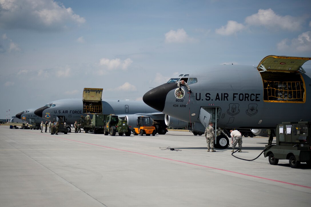 KC-135s from the 100th Air Refueling Wing, England, and 434th Air Refueling Wing, Grissom Air Reserve Base, Indiana, land at Powidz Air Base, Poland, in preparation for exercise Baltic Operations 2016, June 2, 2016. Fifteen NATO and two partner nations will participate in the 44th iteration of the multinational maritime exercise BALTOPS 2016 in Estonia, Finland, Germany, Poland, Sweden, and throughout the Baltic Sea, June 3-19, 2016. (U.S. Air Force photo by Senior Airman Erin Babis/Released)