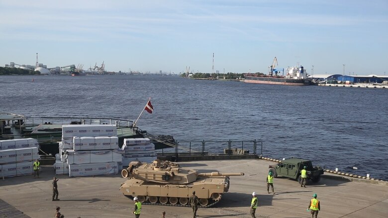An M1A1 Abrams tank is offloaded from ship in preparation of Exercise Saber Strike 16 in Riga, Latvia, June 4, 2016. Exercise Saber Strike is an annual combined-joint exercise in the Baltic region. The combined training prepares allies and partners to rapidly amass during regional crises and meet their own security needs by improving the security of borders and countering threats.