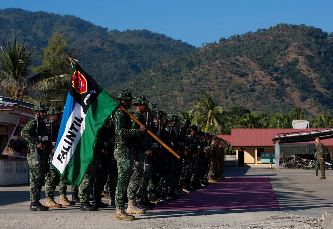 U.S. Marines and the Timor-Leste Defense Force, attend the opening ceremony for Exercise Crocodilo 16-1, Hera Naval Base, Timor-Leste, June 6, 2016. This exercise is part of Task Force Koa Moana’s deployment throughout the Asia-Pacific region which will serve to further strengthen alliances, and highlight the effectiveness of a maritime prepositioning force.