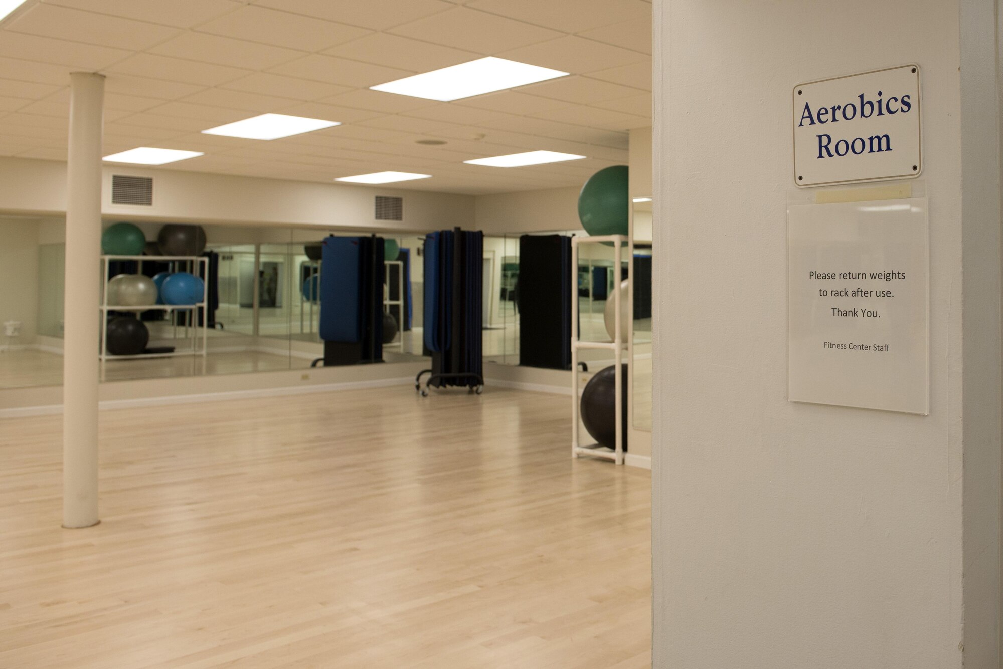 The Fitness Center recently received new flooring for the Aerobics Room and will be undergoing many more renovations. The gym will be upgrading items like plumbing, flooring, and the HVAC system. Along with the Fitness Center, the James Sports Center is also continuing their renovations. The sports center has recentlyacquired a gym divider to host more activities at once for frequent customers. Renovations are projected to be completed by this fall. (U.S. Air Force photo/ Senior Airman Kiana Brothers)