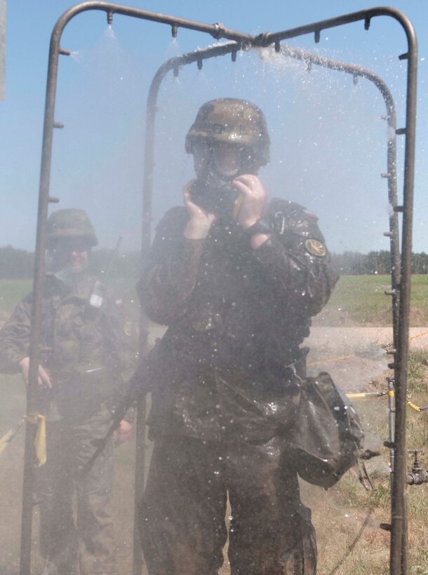 A Polish Soldier from the 5th Chemical Regiment, out of Tarnoskie Gory Poland, provides a demonstration of his equipment during Exercise Anakonda 2016, a Polish-led, multinational exercise running from June 7-17. (U.S. Army photo by Spc. Miguel Alvarez/ Released)