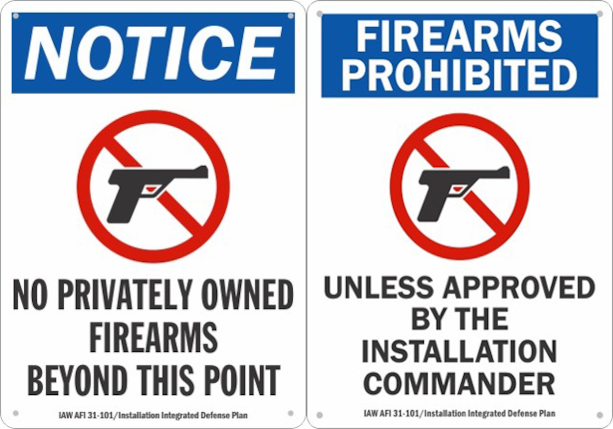 A change in privately-owned firearms policy allows qualified law enforcement officers under the Law Enforcement Officers Safety Act to conceal carry a privately-owned firearm while on Hurlburt Field once certain requirements are met, effective June 1, 2016. This new policy only applies to Hurlburt Field as each installation commander has been authorized to make changes to the privately-owned firearms policy for their installation. New signs have been posted around Hurlburt Field to designate prohibited areas where privately-owned firearms are be prohibited. (Courtesy photo)